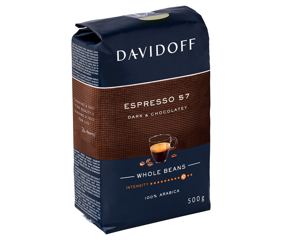 500g'lık bir paket DAVIDOFF CAFÉ Espresso 57 - Bütün Çekirdek kahve.