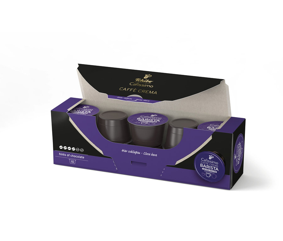 Açık Cafissimo BARISTA Caffè Crema Guatemala - İçinde kahverengi kapsüller bulunan 10 Kapsül paketi.