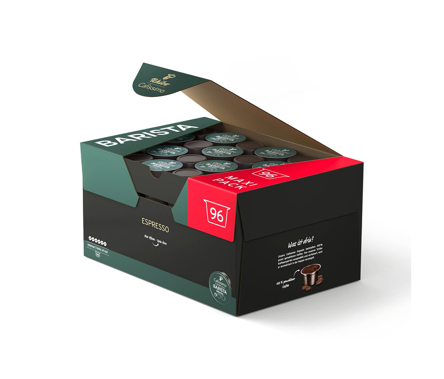 Açık Tchibo Cafissimo BARISTA Espresso Brasil 96 kapsüllük paketi, koyu yeşil ve siyah renklerde, kırmızı detaylarla.