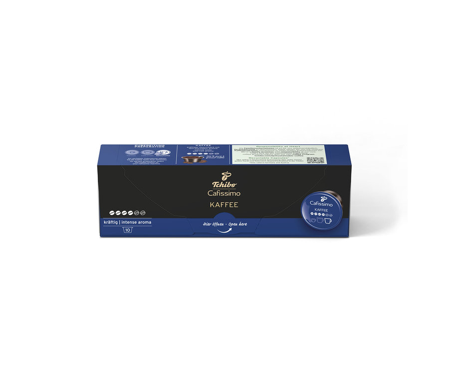 Koyu mavi Cafissimo Kahve Intense Aroma 10 Kapsül paketi, üzerinde "kräftig | intense aroma" ve "Hier öffnen" yazıları var.