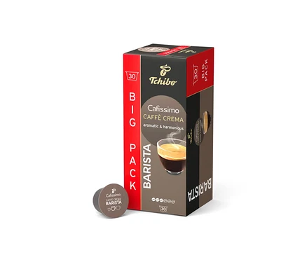Beyaz bir arka planda bir paket Tchibo Cafissimo Caffe Crema Barista kahve kapsülü duruyor.