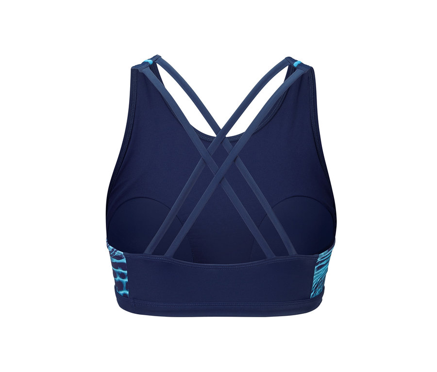 Sırtında çapraz askıları olan spor bikini üstü detayı.