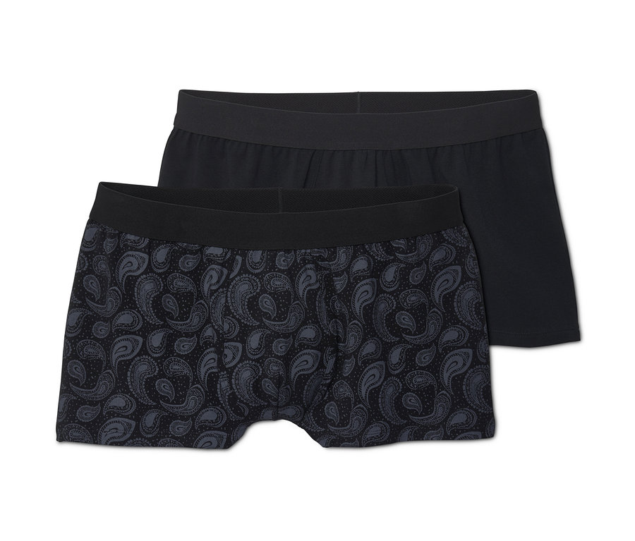 İki adet organik pamuklu slip boxer seti, biri siyah paisley desenli, diğeri siyah.