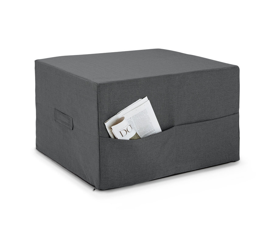 Cepli ve gazeteli gri çift kişilik misafir yatağı.