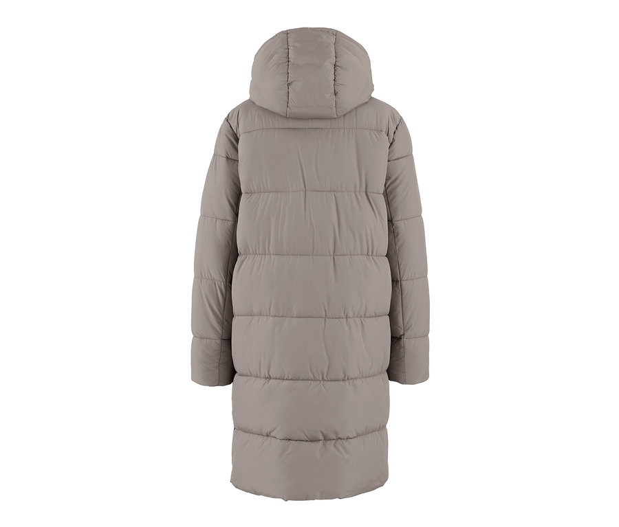 Kapüşonlu, boz kahverengi kapitone montun arka detay görünümü.