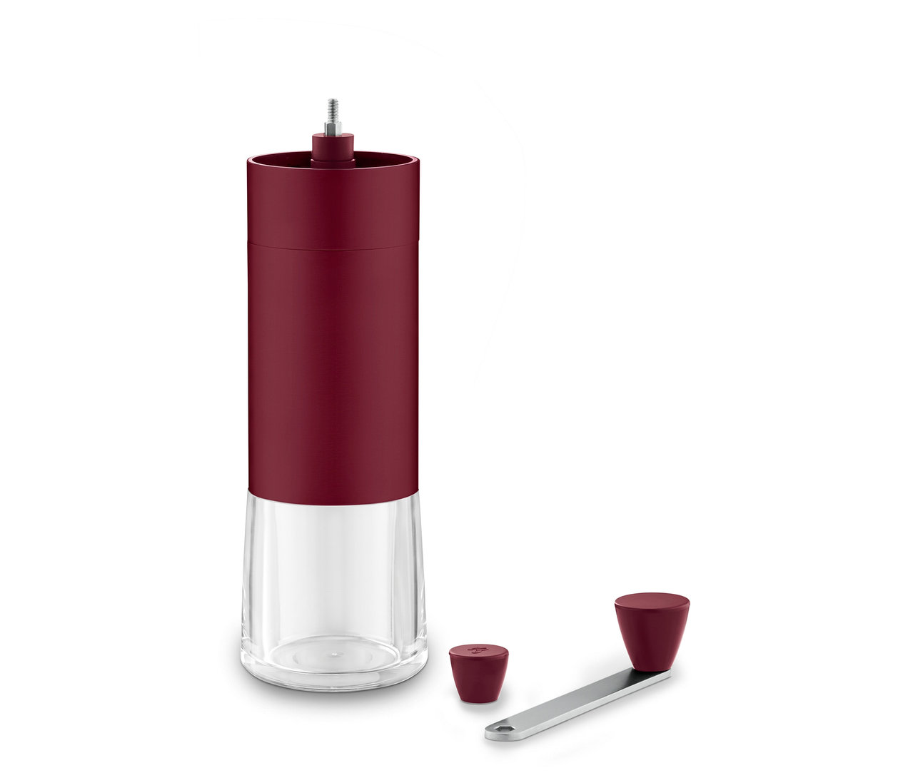 Ölçü kaşığı ve kaşık ile birlikte manuel berry kahve değirmeni.