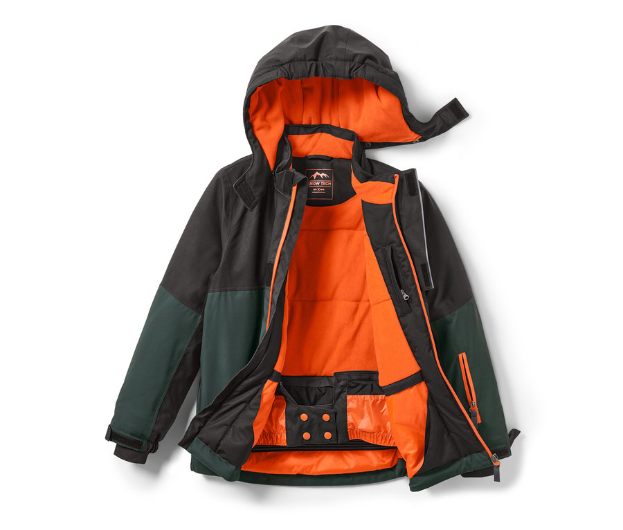 İçi turuncu, siyah ve yeşil renklerde açık çocuk kayak montu.