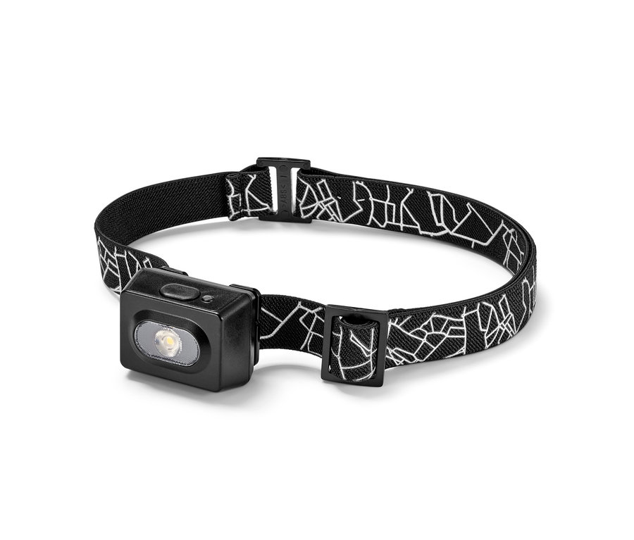 Siyah, beyaz ve gri kayışlı kafa lambası.