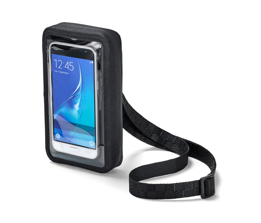 Şeffaf ön yüzü ve omuz askısı olan siyah 2'si 1 Arada Akıllı Telefon Çantası.