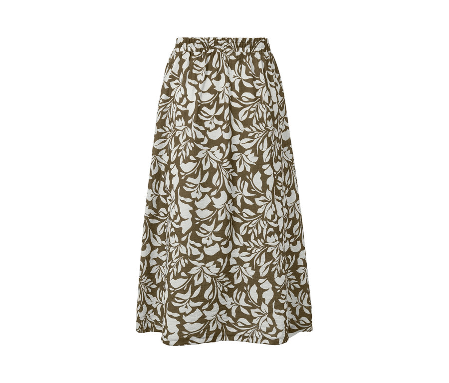 Kahverengi üzerine beyaz yaprak baskılı midi etek.