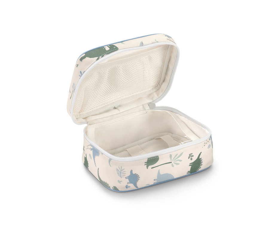 Dinozor desenli, açık ilaç çantası.