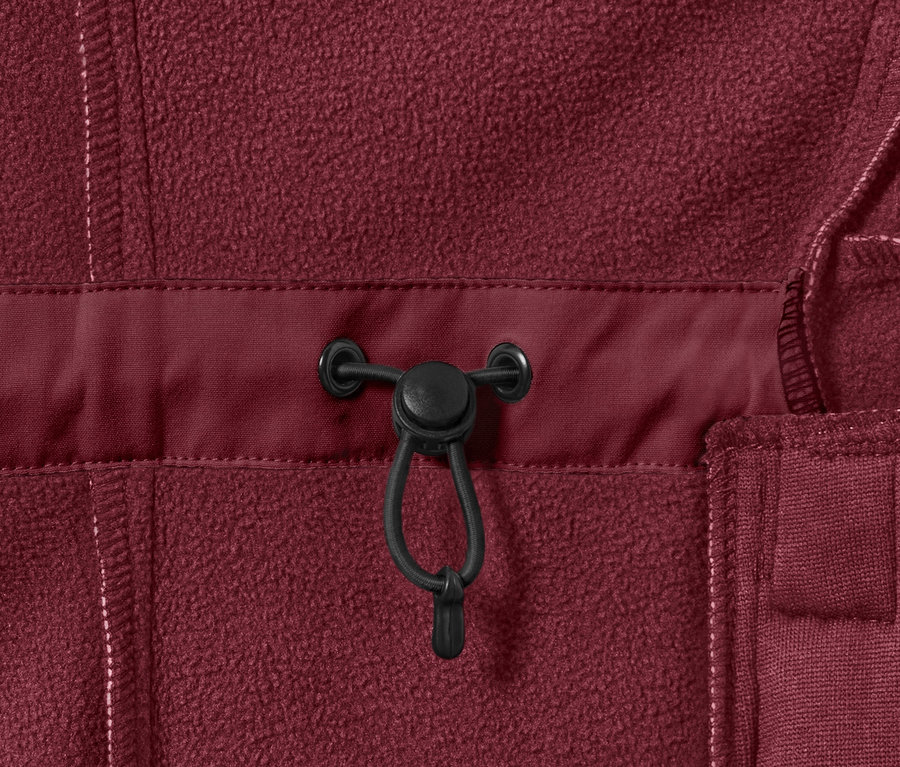 Büzgülü, Şarap Kırmızısı softshell palto detayı.