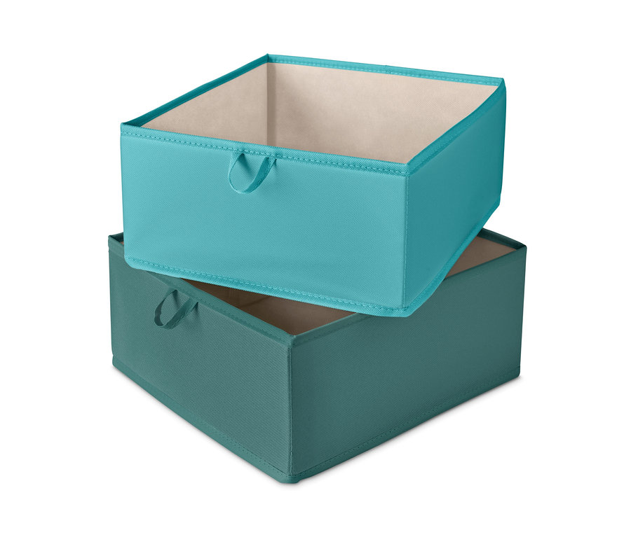 İki adet büyük boy çekmece düzenleme kutusu, biri turkuaz, diğeri yeşil, üst üste duruyor.