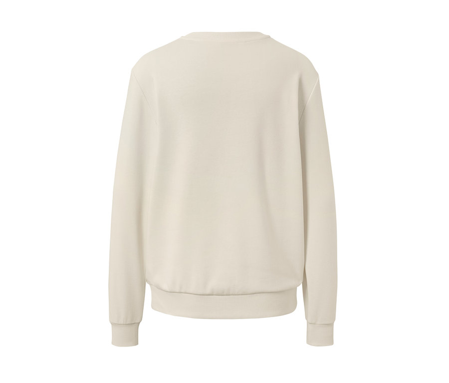 Arkadan görünümü krem rengi, işlemeli sweatshirt.