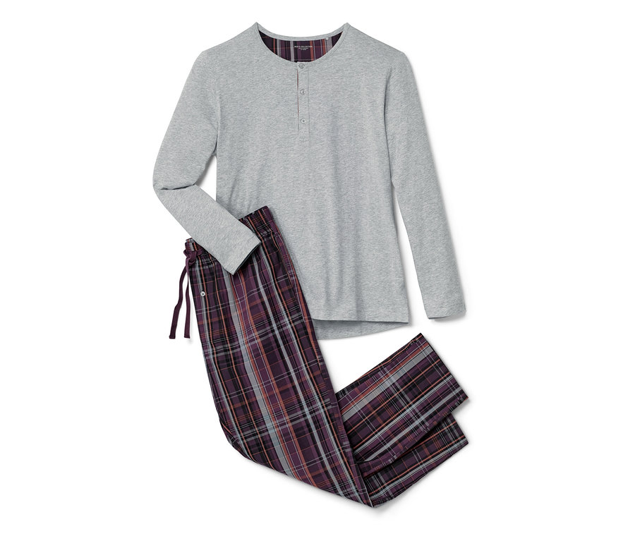 Ekose desenli dokuma kumaşlı gri pijama.