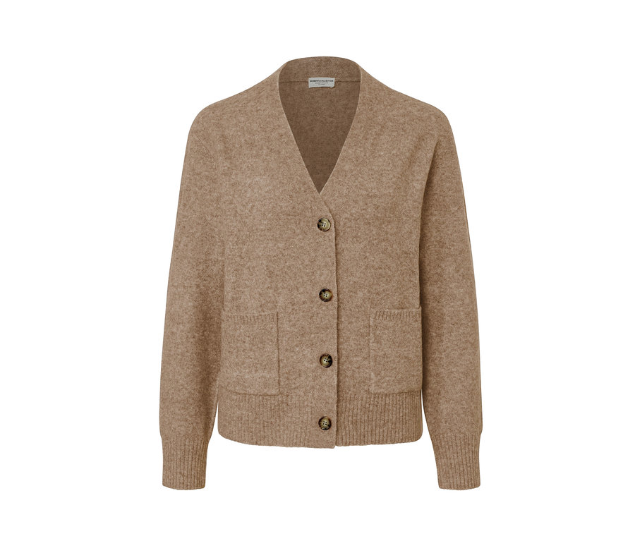 Açık kahverengi, düğmeli ve cepli, yünlü hırka.