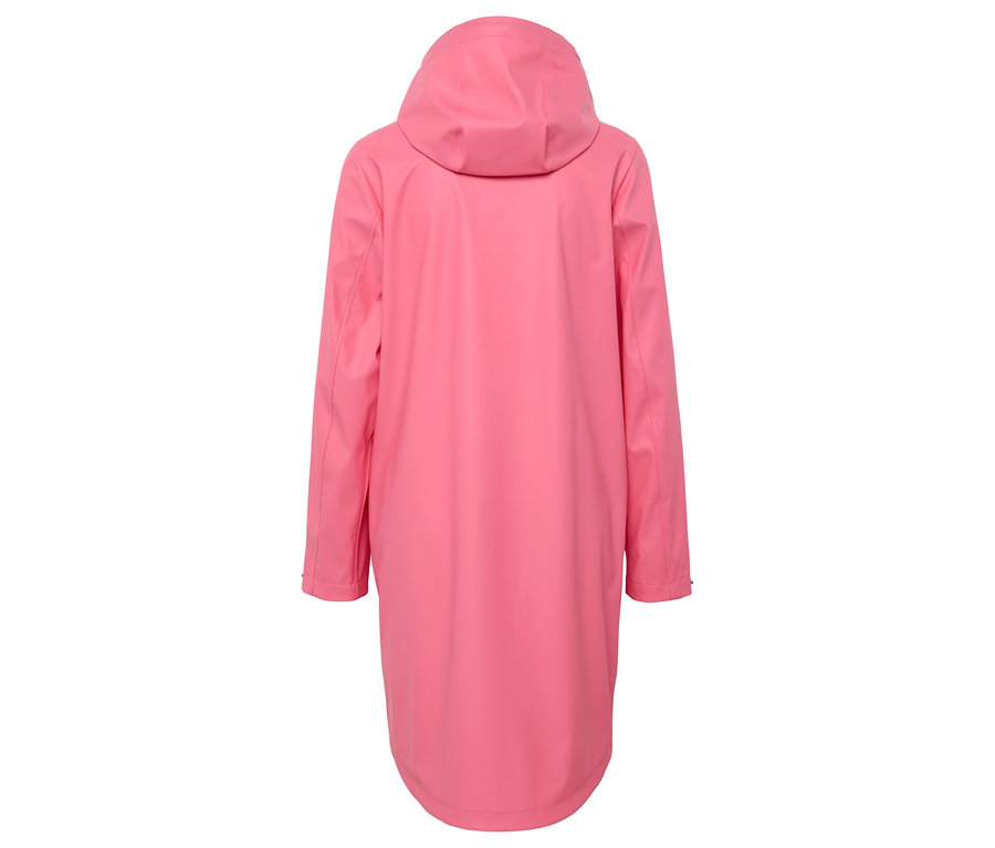 Kapüşonlu pembe bir yağmurluğun arka görünümü.