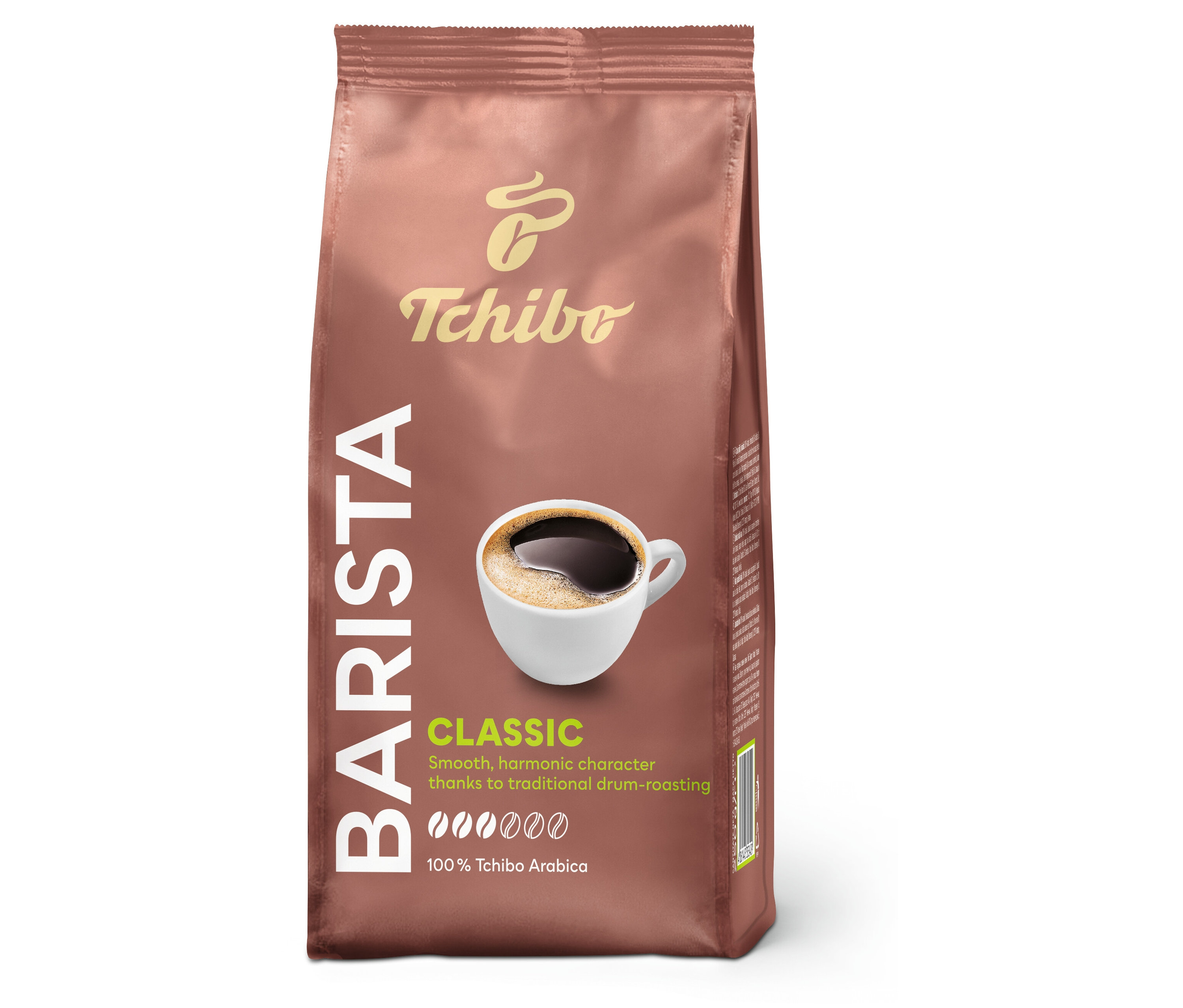 Bir paket Tchibo Barista Classic Öğütülmüş kahve ve bir fincan kahve çizimi.