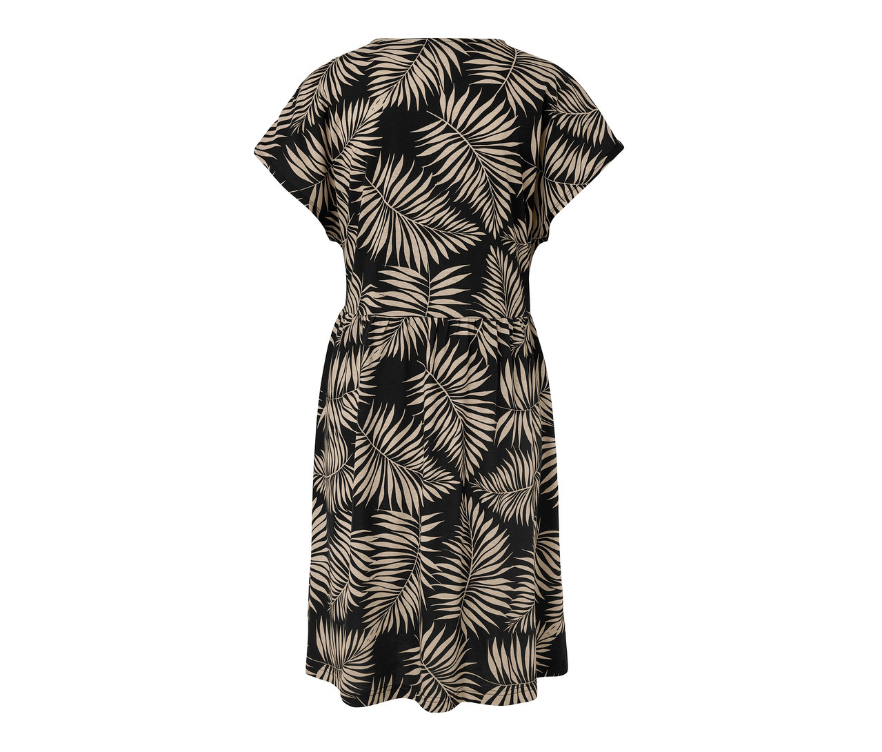 Arkadan siyah ve bej yaprak baskılı jarse elbise