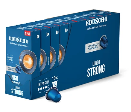 Mavi bir EDU Lungo Strong EE Alu 10'lu kahve kapsülü paketi görülüyor.