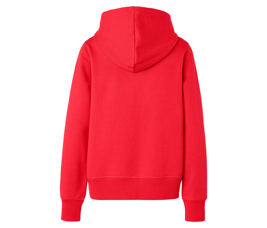 Kırmızı kapüşonlu bir sweatshirt'ün arka görünümü.