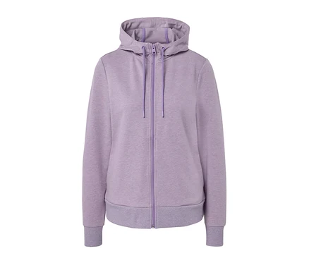 Fermuarlı ve kapüşonlu lila sweatshirt.