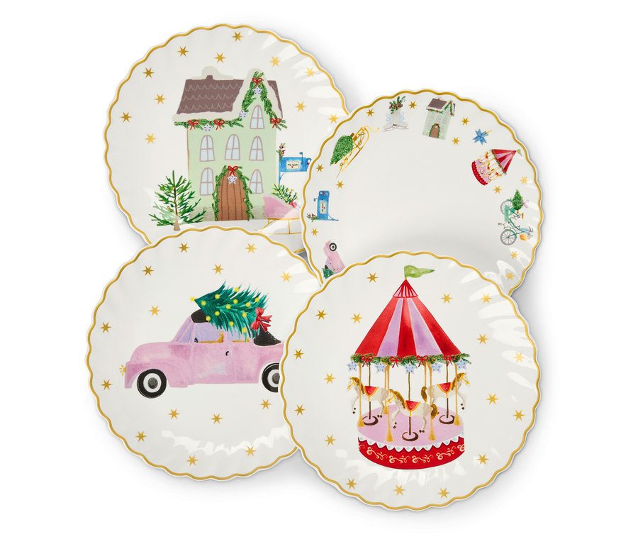 Noel temalı dört tabak; ev, çam ağaçlı araba ve atlı karınca dahil.