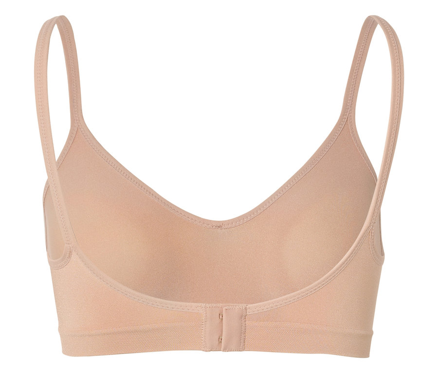 İnce askılı ve kopçalı, ten rengi bir sütyenin arka görünümü.