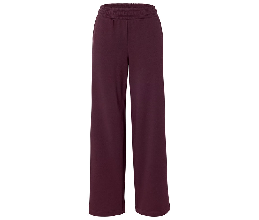 Bordo rengi, lastikli belli, geniş kumaş pantolon.