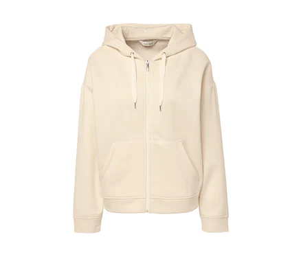 Krem rengi, fermuarlı kapüşonlu sweatshirt.