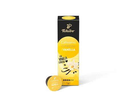 Beyaz bir arka planda bir paket Cafissimo Flavoured Espresso - Vanilya - 10 kapsül ve tek bir kapsül.