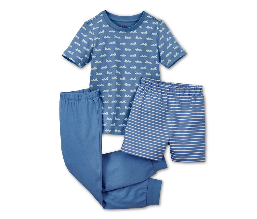 Mavi kısa kollu, uzun pantolonlu ve şortlu 3 parçalı pijama takımı.