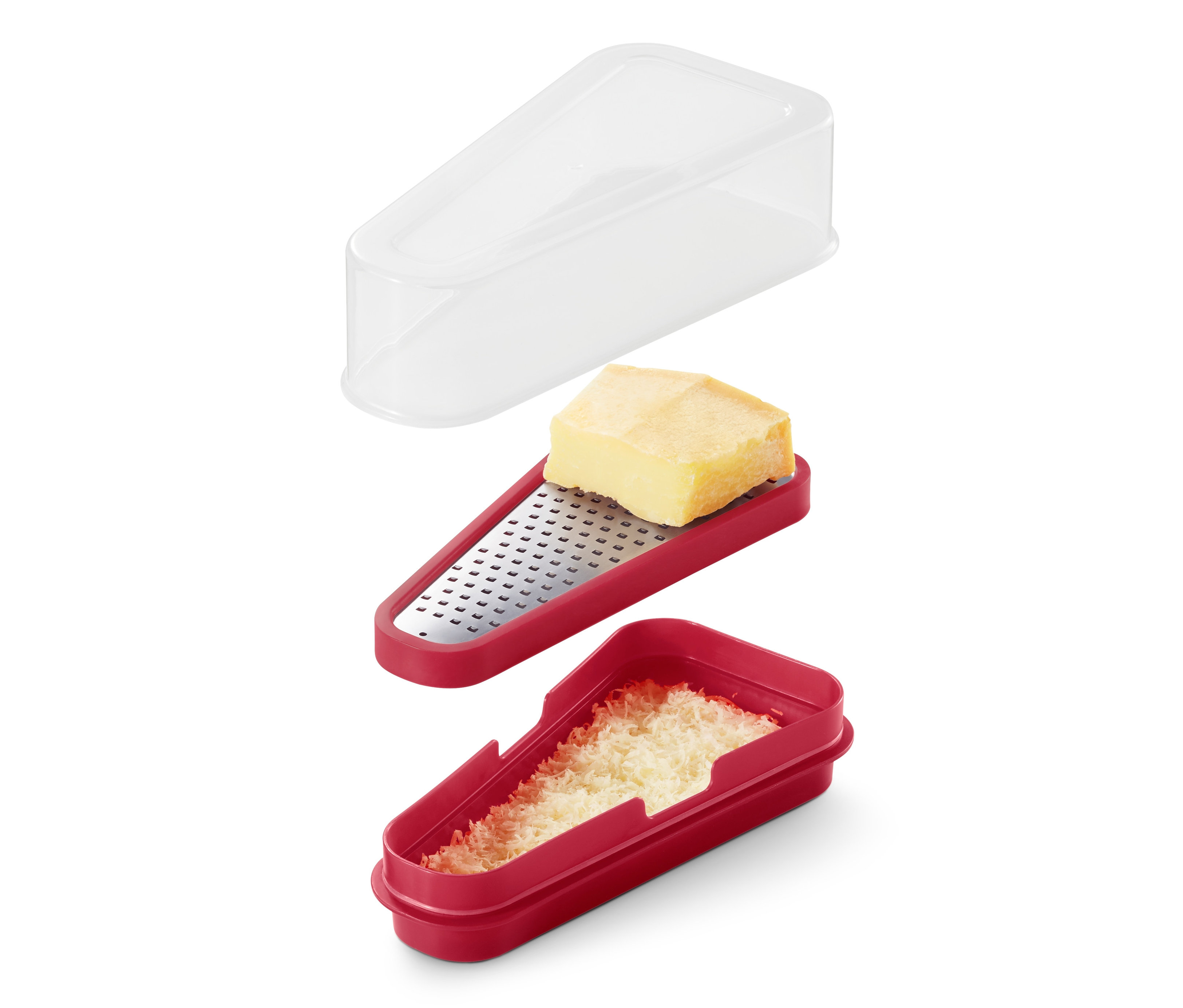 Üstte peynir, altta rendelenmiş peynir ve üstte şeffaf kapak bulunan, parçalanmış 2si 1 Arada Parmesan Rendesi.