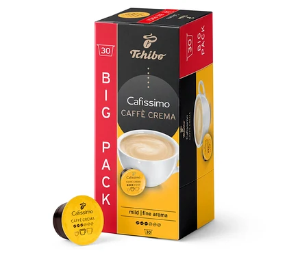 30 kapsüllük Caffè Crema Fine Aroma paketi. Kutu kırmızı, siyah ve sarı renktedir. Bir kapsül paketin yanında duruyor.