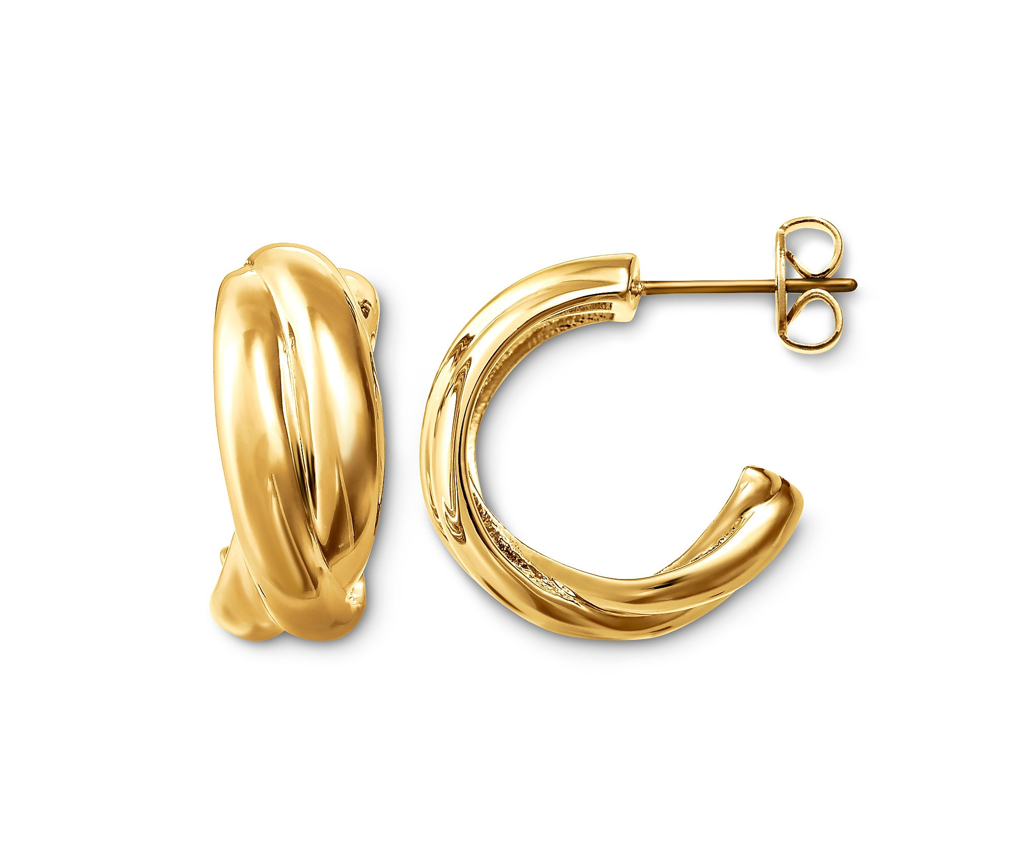 Bükümlü Halka Küpe, Altın Kaplama'nın yakın çekimi. Küpeler kıvrımlı bir tasarıma sahiptir.