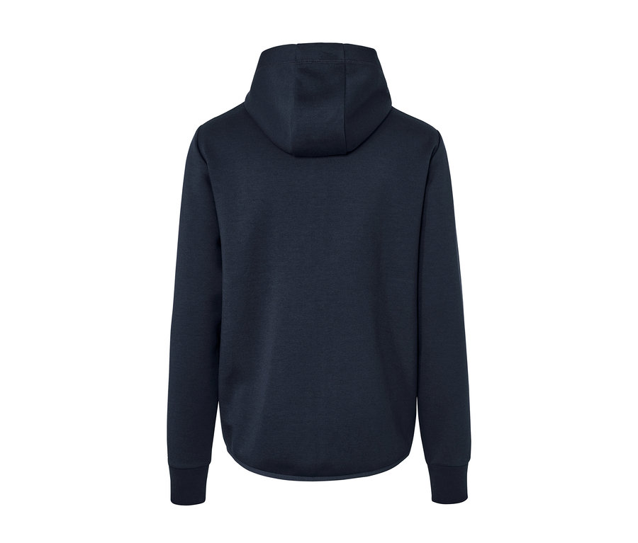 Kapüşonlu lacivert fonksiyonel sweatshirt ceketinin arka görünümü.