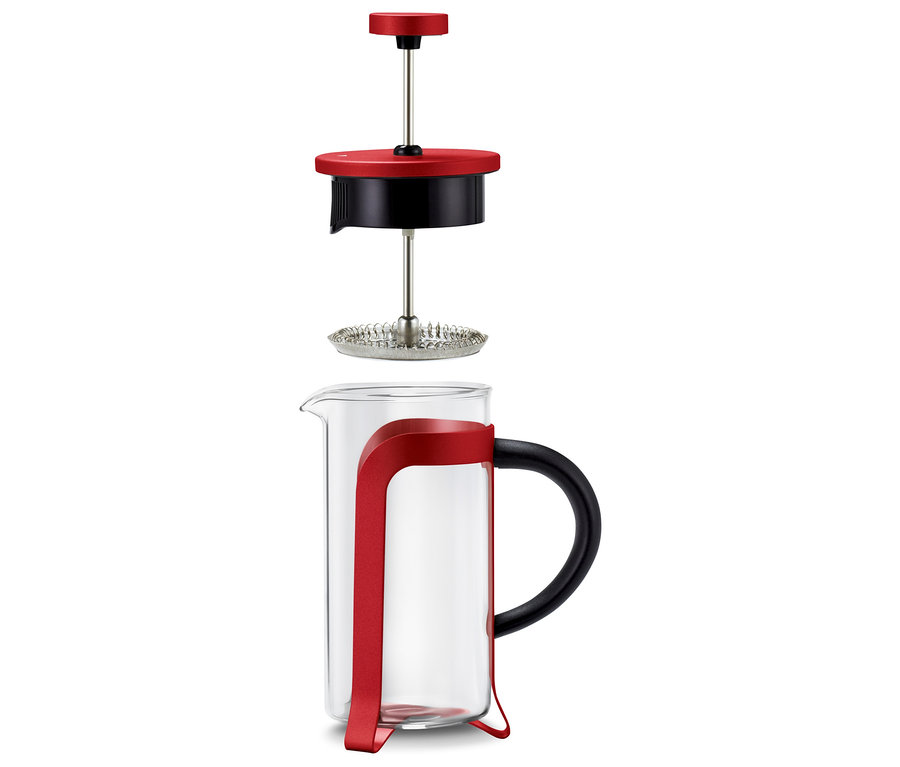 Demonte edilmiş, 300 ml, 2 fincan kapasiteli kırmızı French Press kahve demleme ekipmanı. 