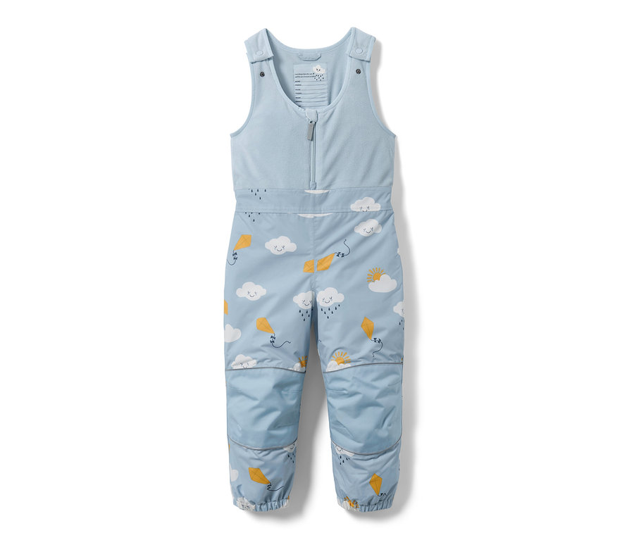 Bulut ve uçurtma desenli, açık mavi, küçük çocuk termal yağmur pantolonu.