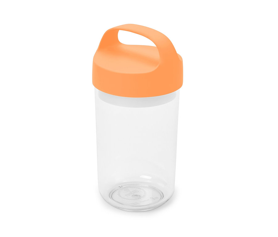 Turuncu kulplu, büyük, şeffaf kap.