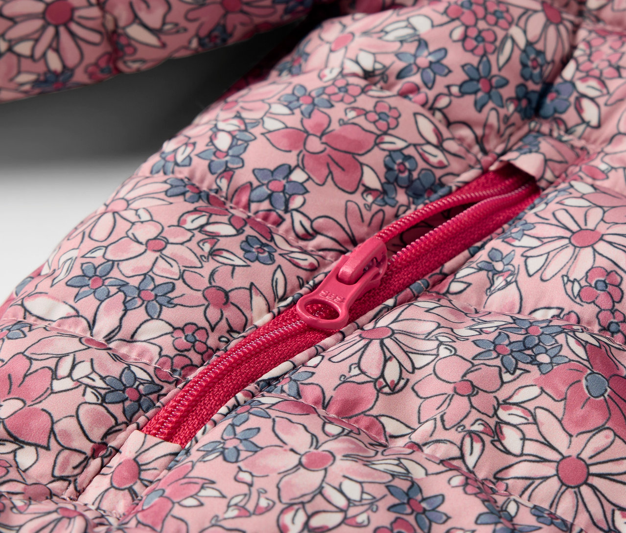 Çiçek desenli kapitone çocuk montunun açık fermuarlı yakın çekimi.