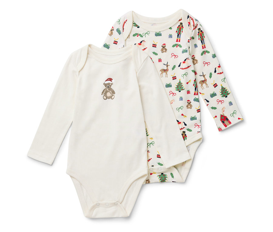 İki adet uzun kollu bebek zıbını. Biri Noel desenli, diğeri şapkalı bir ayıcık deseniyle.