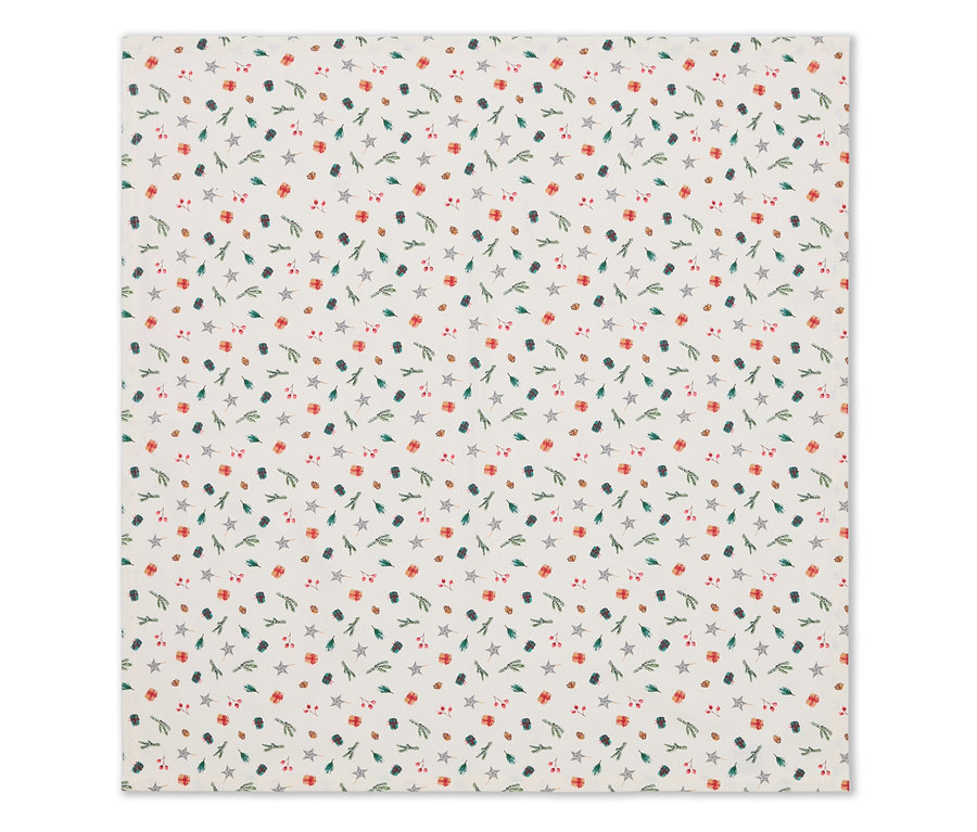 Yıldızlar, hediyeler, dallar ve meyvelerden oluşan Noel temalı kumaş.