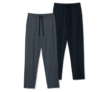 İki pijama altı: biri koyu mavi, diğeri mavi-gri kareli desene sahip.