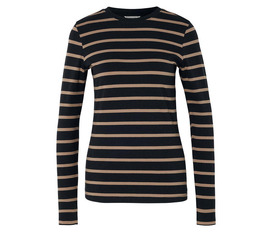 Siyah ve bej çizgili, uzun kollu bluz.