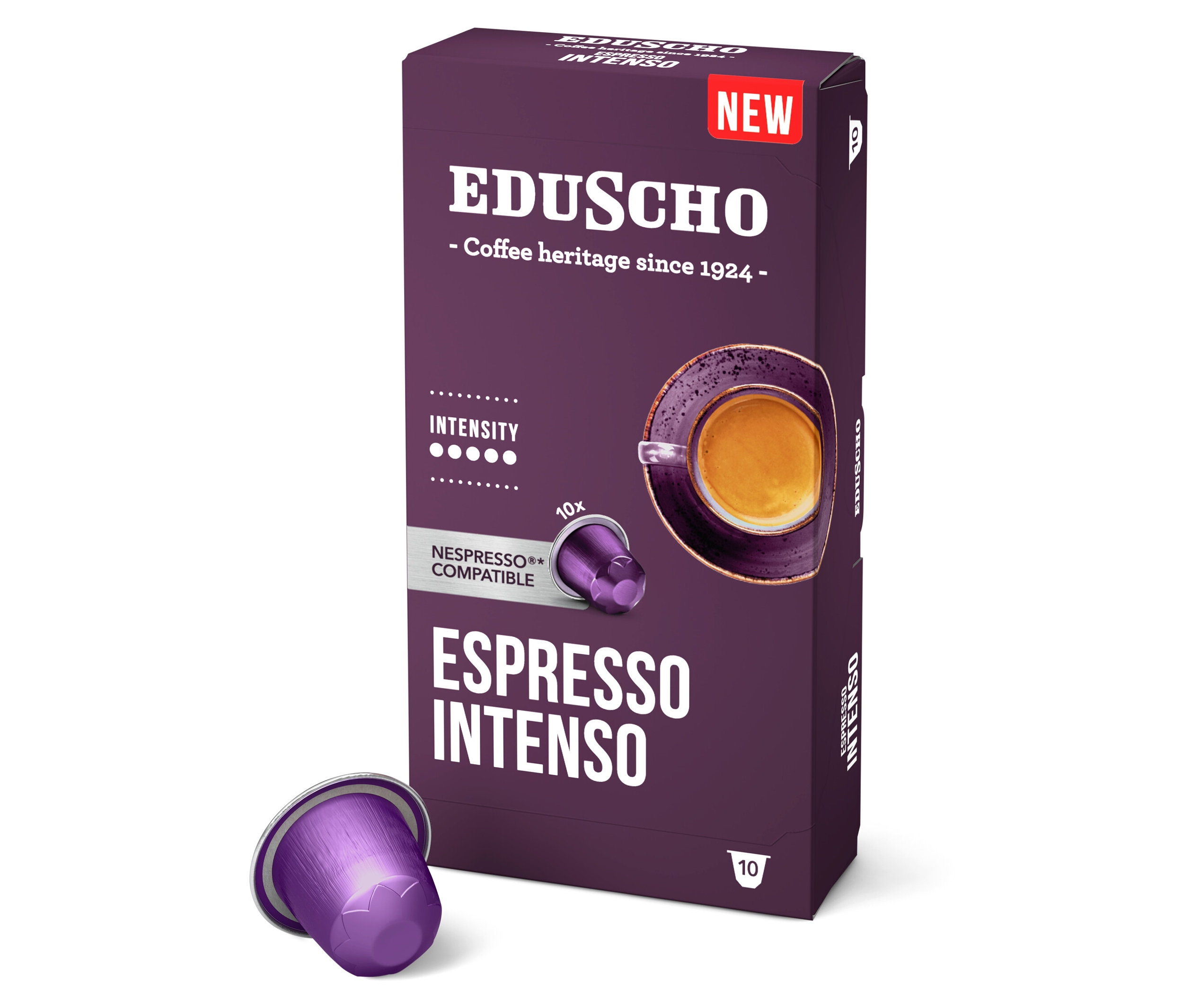 Bir paket Eduscho Espresso Intenso kapsülü ve bir kapsül.