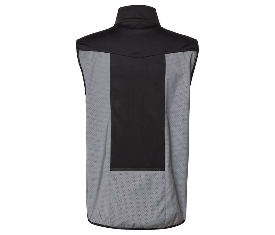 Siyah ve gri bir yeleğin arka görünümü.