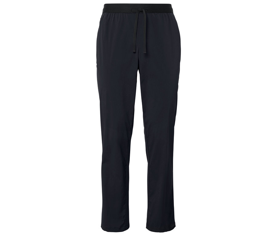 Koyu mavi renkli, bağcıklı fonksiyonel pantolon.