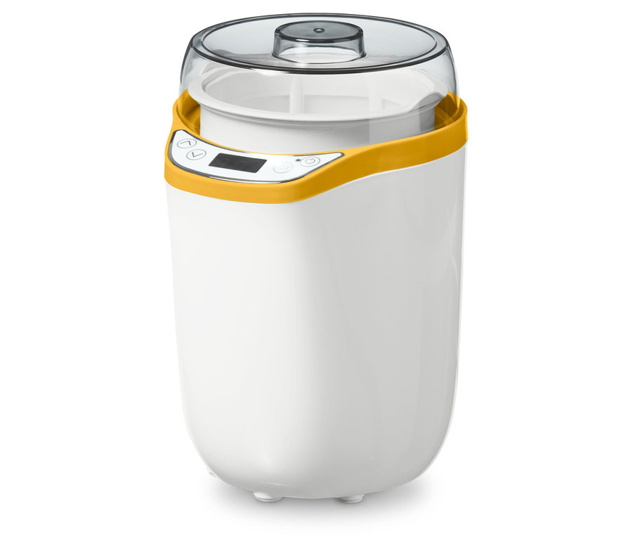 Sarı şeritli ve şeffaf kapaklı beyaz yoğurt makinesi.