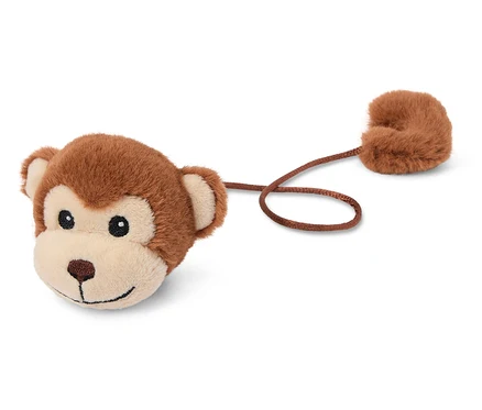 İpli kahverengi peluş maymun kafası ve kuyruğu.