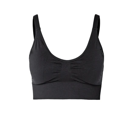 Geniş askılı ve fitilli elastik bantlı siyah spor sütyeni.